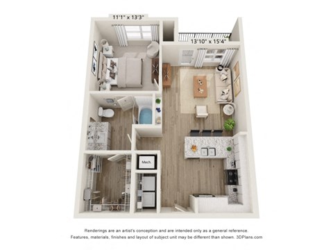 Floor plan for 1 bed, 1 bath, 750 sqft